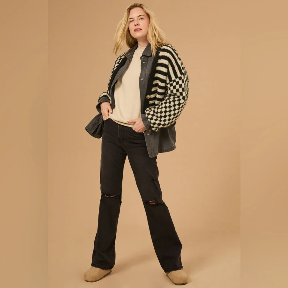 Altar’d State Claudia Checkered Cardigan Sweater Black & Cream Balloon Sleeve - Picture 5 of 13